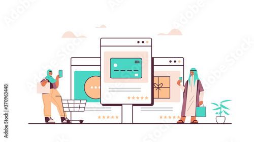 arab people using smartphone application for online shopping ordering and paying ecommerce smart purchasing concept horizontal full length vector illustration
