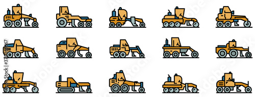 Grader machine icons set. Outline set of grader machine vector icons thin line color flat on white