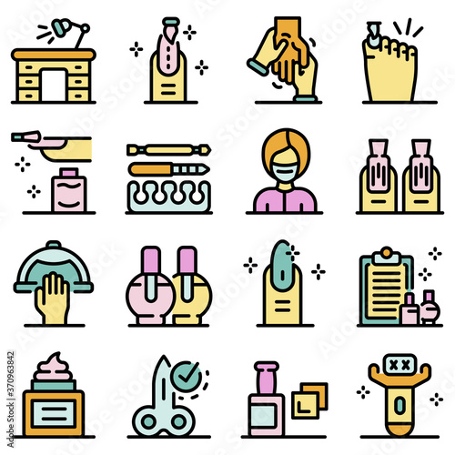 Manicurist icons set. Outline set of manicurist vector icons thin line color flat on white