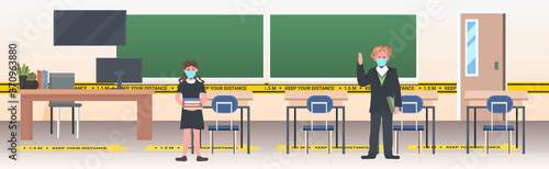 schoolchildren in masks keeping distance to prevent coronavirus pandemic social distancing concept school classroom interior horizontal full length vector illustration