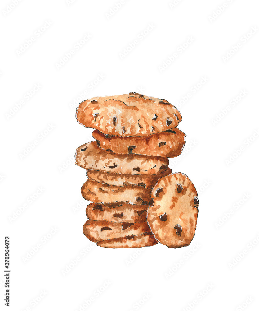 Watercolor chocolate chip oat cookies isolated on white background ...