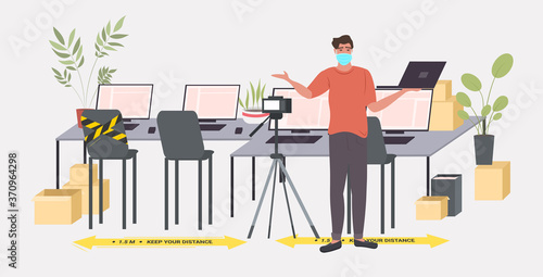 businessman in mask recording video blog social distancing coronavirus epidemic protection self isolation remote work concept office interior horizontal full length vector illustration