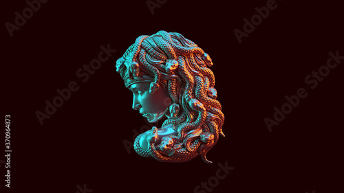 Antique Silver Medusa with Red Orange and Blue Green Moody 80s lighting 3d illustration 3d render photo