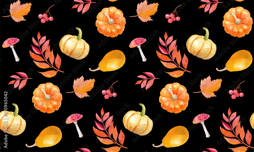 ハロウィンかぼちゃと秋の植物のシームレスパターン 水彩イラストのトレースベクター 黒背景 Stock Vector Adobe Stock ハロウィンかぼちゃと秋の植物のシームレスパターン 水彩イラストのトレースベクター 黒背景 Stock Vector Adobe Stock