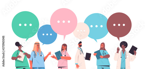 set male female doctors in uniform with chat bubbles communication healthcare medicine concept mix race medical workers collection horizontal portrait vector illustration
