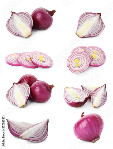 Set of red cut and whole onion on white background