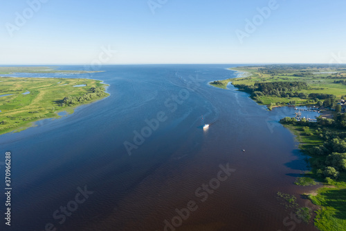 Panoramic aerial view of the Volkhov River and Lake Ilmen near Veliky Novgorod, natural attractions of Russia.