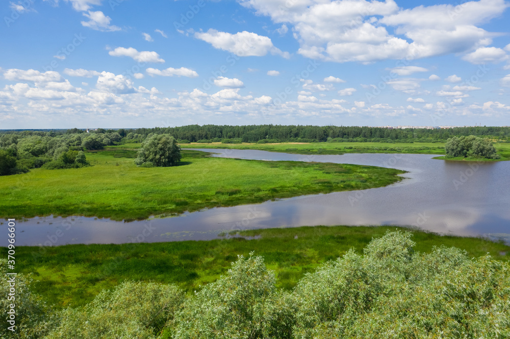 Panoramic aerial view of the Volkhov River near Veliky Novgorod, natural attractions of Russia.