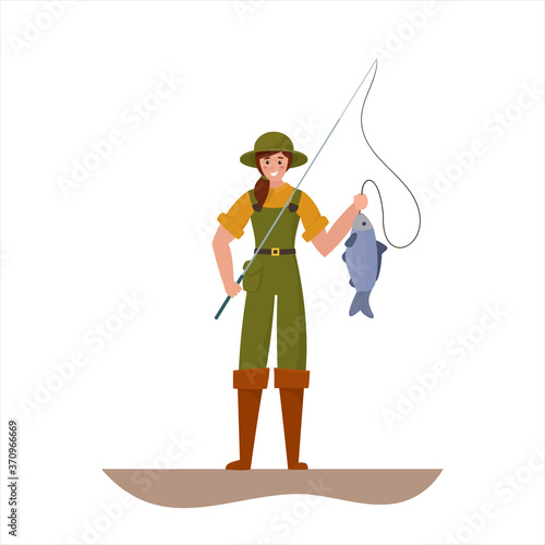 Fisherman girl caught a big fish.