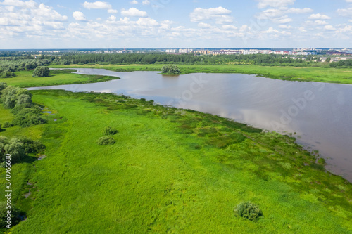 Panoramic aerial view of the Volkhov River near Veliky Novgorod, natural attractions of Russia.