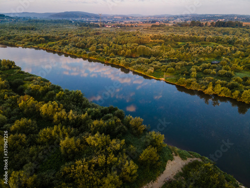 Dunajec River in Lesser Poland. Drone View at River and Trees