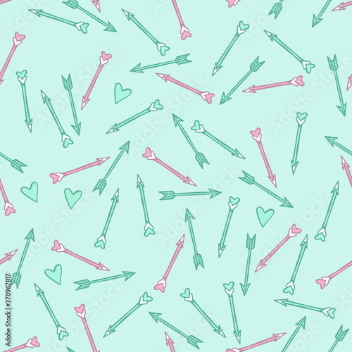 Ethnic love doodle pattern with arrows and hearts, vector illustration