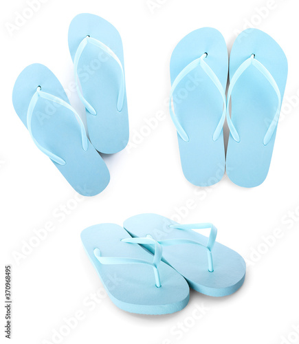 Collage with beach slippers on white background