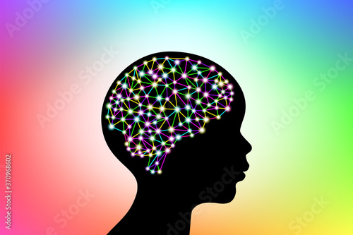 3d digital neuro multicolored colorful glowing particles lines and dots plexus structure human brain on child head black silhouette, stock vector illustration design element on gradient background