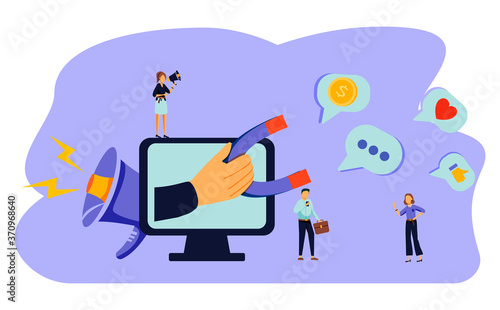 Customer attraction, social media promotion. Digital marketing team, marketing team metrics, marketing team lead, marketing team responsibilities concept. Vector isolated concept creative illustrati