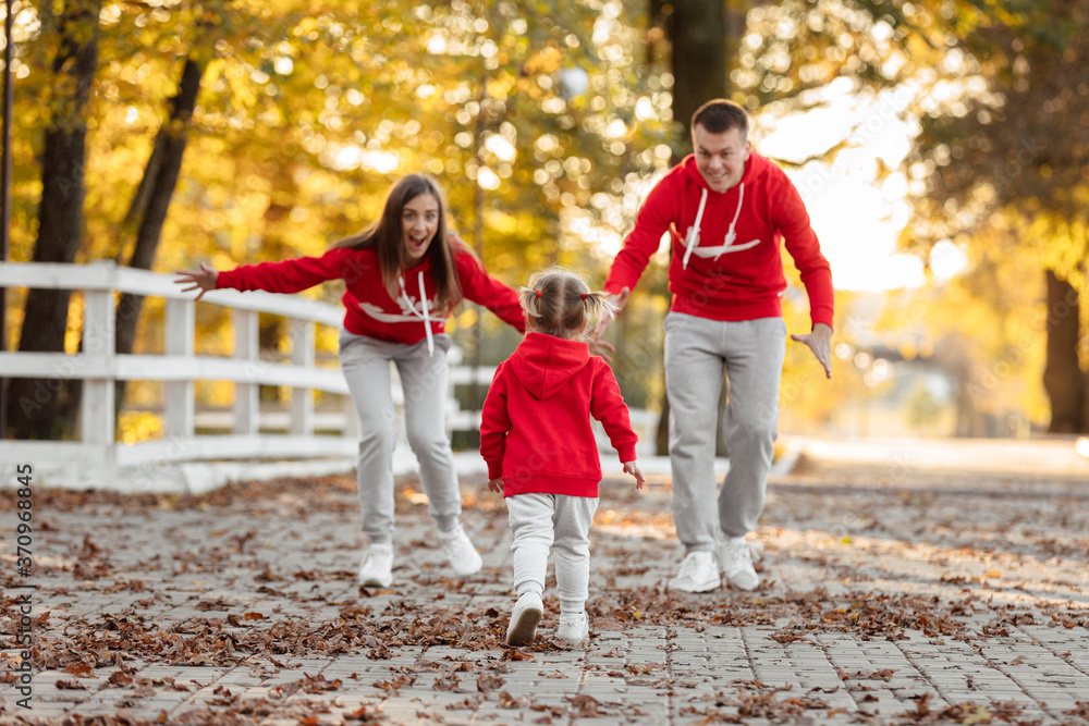 Fototapeta premium father, mother and little daughter are walking in the autumn park, happy family is having fun outdoors. father's, mother's and baby's day