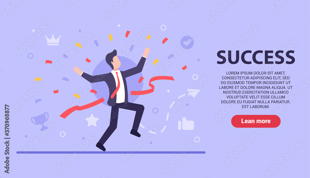 Business success concept. Vector flat businessman runs and breaks the red ribbon. A large amount of candy as a sign of victory and profit. Web banner on websites and smartphones. EPS 10.