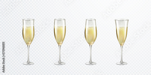 Champagne or golden wine glasses set isolated on transparent background. Vector greating Happy New Year alcohol toasting wineglass. 3d festive wedding event elements with drink