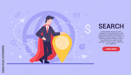 Business search concept. Vector flat businessman is leaning against the geolocation sign because he is looking for a path to success with greater profit. Web banner on websites and smartphones. EPS 10