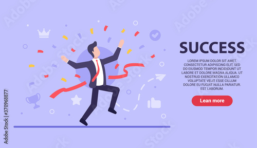 Business success concept. Vector flat businessman runs and breaks the red ribbon. A large amount of candy as a sign of victory and profit. Web banner on websites and smartphones. EPS 10. © Dreykon