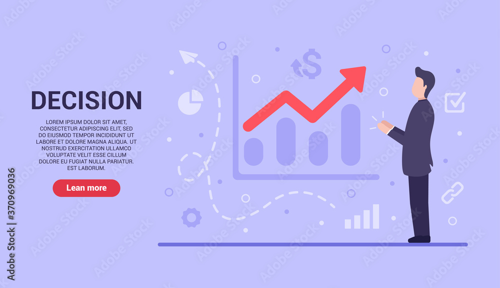 Business problem decision concept. Vector flat businessman is glad that his sales have gone up because he solved the problem and improved the business. Web banner on sites and smartphones. EPS 10.