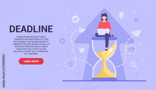 Business deadline concept. Vector girl sitting on an hourglass and working at the computer to improve the business before the time runs out. Web banner on sites and smartphones. EPS 10.