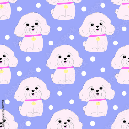 Cute vector seamless pattern with a small dog on a blue background.Tender vector childish ornament.