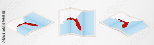Folded map of Florida in three different versions.