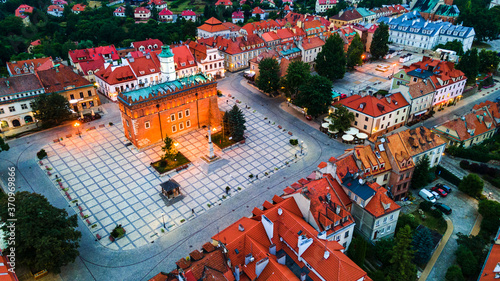 Aerial Skyline Panorama of Sandomierz Old City, Poland. Old Town with Market Square, Gothic City Hall.