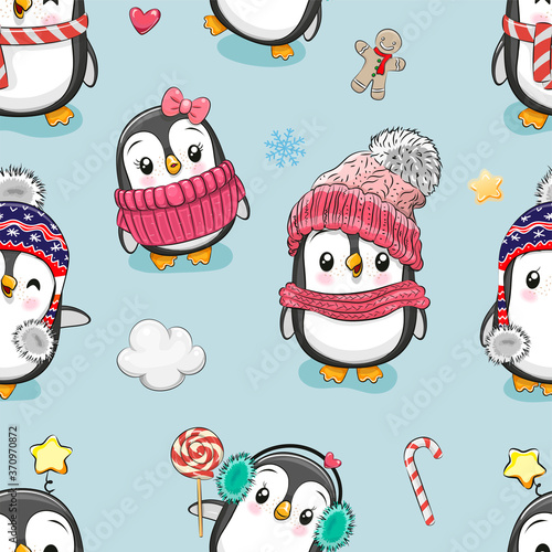 Pattern with cute cartoon penguins