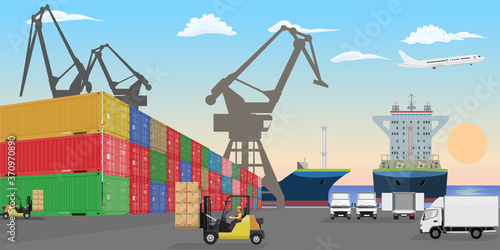Stacked freight containers at a sea port dock. High detailed cargo ships cars and forklift cars. Flat Vector illustration.