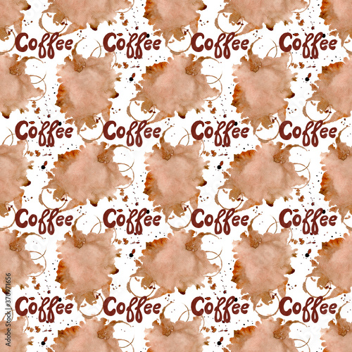 Watercolor hand painting illustration for menu, product design, wallpaper and more. Coffee lettering and cup stains seamless pattern isolated on white background.