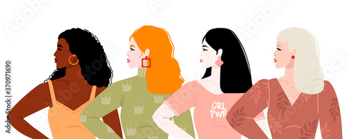 Seven women of different nationalities and cultures stand together. The concept of the feminist movement for the empowerment of women. Female friendship. Vector illustration. Isolated on background.