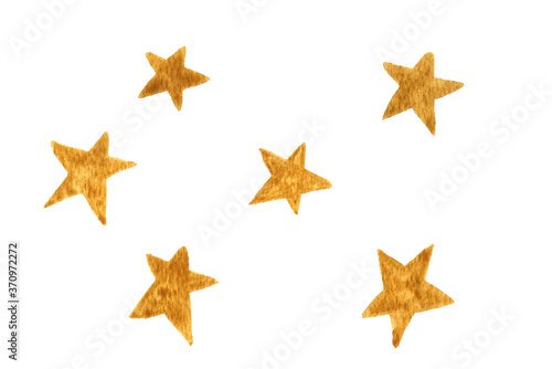 Watercolor illustration of celestial bodies. Hand drawn stars isolated on white background. Template for space banner or poster. Astronautics elements.