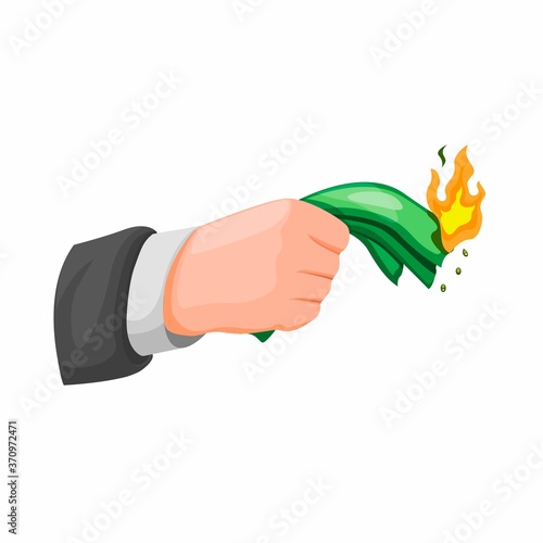 business man hand holding and burning money. investment and financial problem concept in cartoon illustration vector isolated in white background