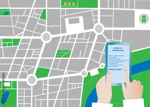 Tourist is touching screen of a smart phone with travel safety instructions. City small abstract town map vector with streets , parks and river is in the background. 