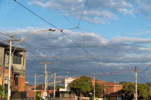 Tram power lines at an intersection in the suburbs of Melbourne