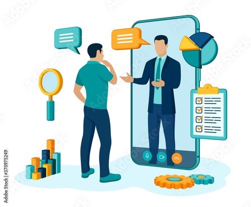 Coaching and mentoring concept. Video call to coach through the application on the smartphone. Online business advise or consultation service. Webinar, online training courses. Vector illustration. photo