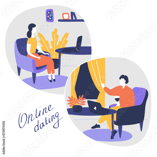 Young man and woman talks online from their homes in different countries. Couple met on dating site. Online relationships, communication with foreigners, international marriages. Online dates concept