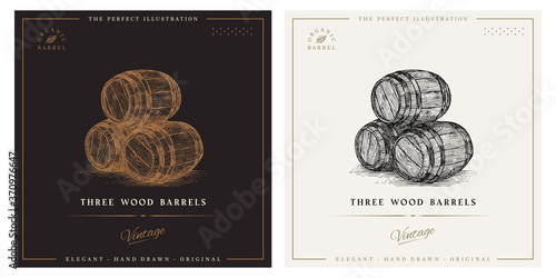 Wood barrels illustration. Vintage retro illustration for label, logo, web