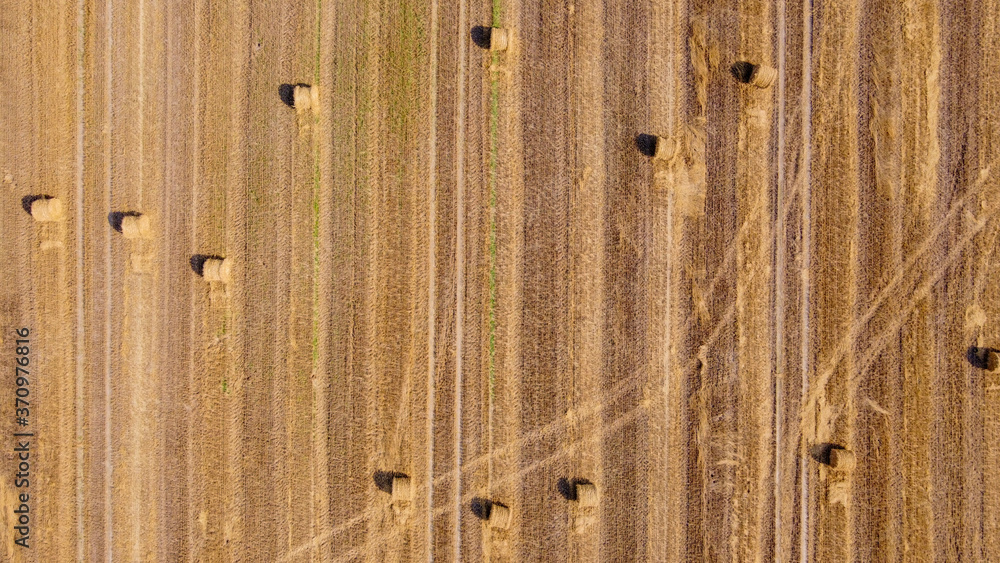 Aerial view at a wide agricultural field with many bales of straw on it. Aerial view at a wide agricultural field with many bales of straw on it.