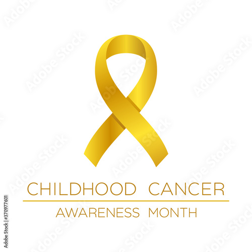 Childhood cancer awareness month poster. Golden kid's carcinoma ribbon. Children's oncology. Disease prevention, diagnosis, treatment, cure and support campaign. Vector illustration, flat, clip art.