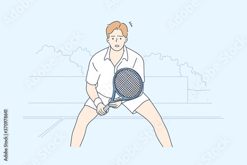 Sport, concentration, competition, play, game concept. Young concentrated man guy tennis player character staying focused in ready position. Challenge and participation in match tourney illustration.