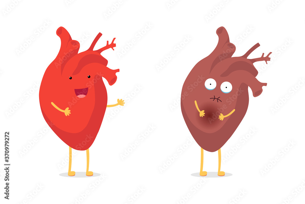 Sad sick unhealthy vs healthy strong happy smiling cute heart character. Medical anatomic funny cartoon human internal organ. Vector flat eps illustration Sad sick unhealthy vs healthy strong happy smiling cute heart character. Medical anatomic funny cartoon human internal organ. Vector flat eps illustration