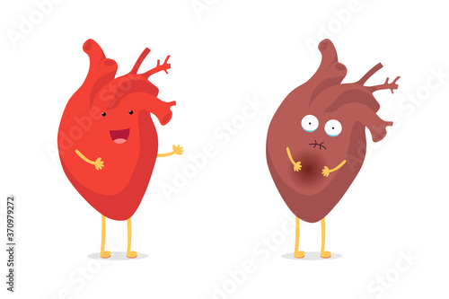 Sad sick unhealthy vs healthy strong happy smiling cute heart character. Medical anatomic funny cartoon human internal organ. Vector flat eps illustration