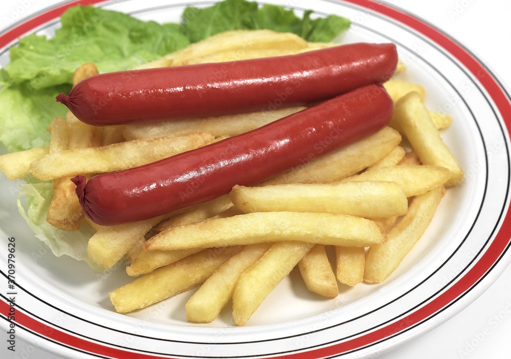 Plate with Sausages, French Fries and Salad Plate with Sausages, French Fries and Salad
