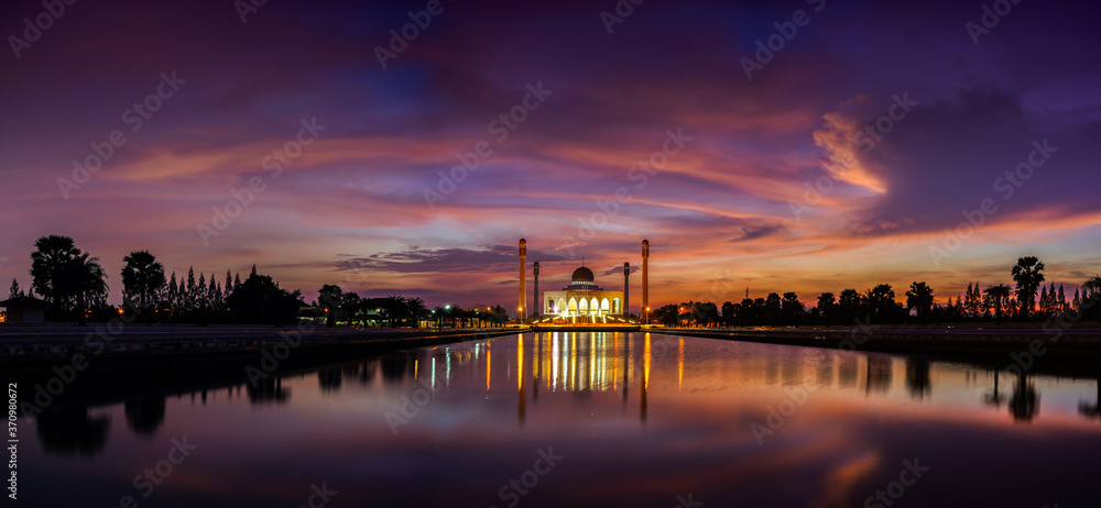 Landscape of beautiful sunset sky at Central Mosque, Songkhla province, Southern of Thailand.Travel and tourism outdoor