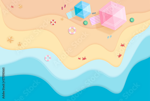 the beach scene from the top in summer.vector illustration with paper art style.