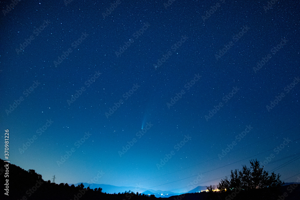 night sky with stars and neowise comet with a landscape christmas landscape, background for your text