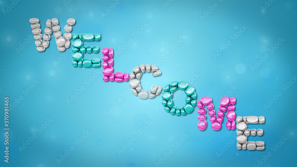  Colorful background with 3d rendering and card with welcome in which letters filled with balloons